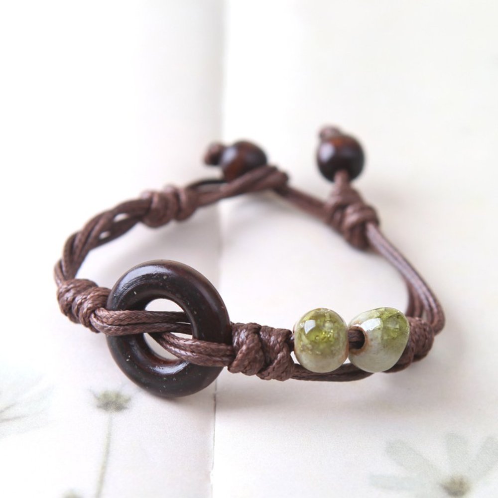 Ceramic Bead Charm Wood Bracelet BOHO Bolo - Picture 3 of 9